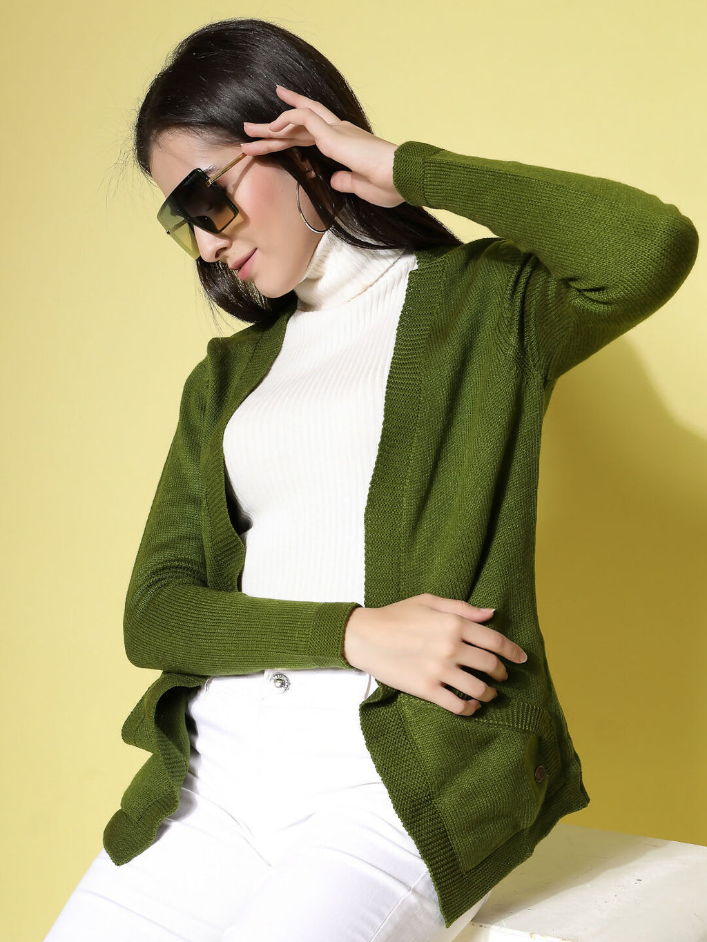 Women Olive Acrylic Solid Cardigan - Wool Trees