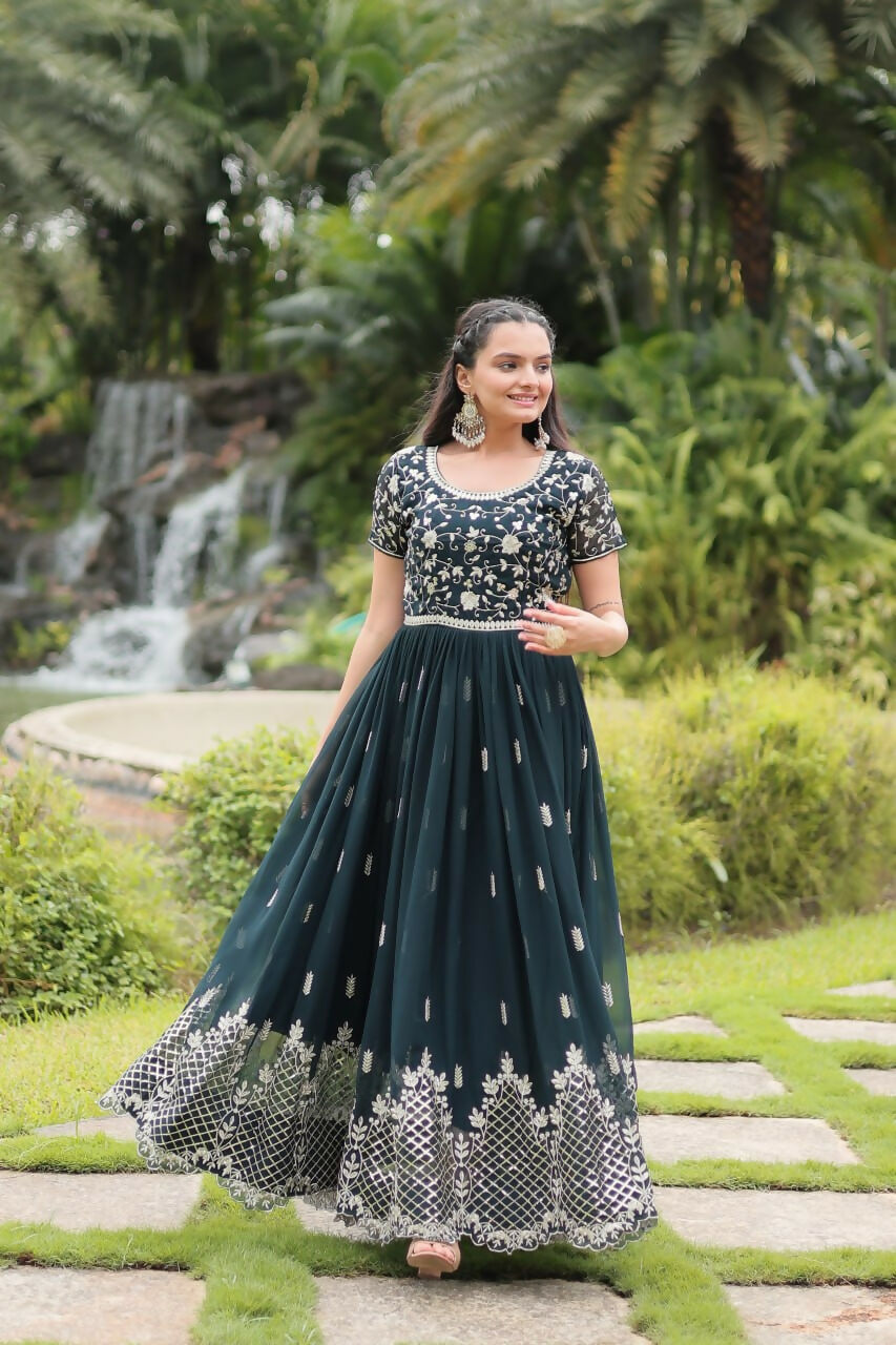 Vastranavya Premium Designer Faux Blooming with Embroidery Zari Sequins work Gown - Teal