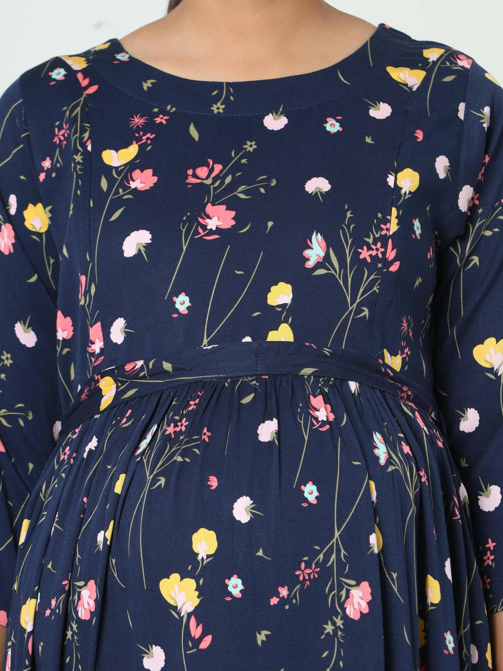 Manet Three Fourth Maternity Dress Floral Print With Concealed Zipper Nursing Access - Navy Blue