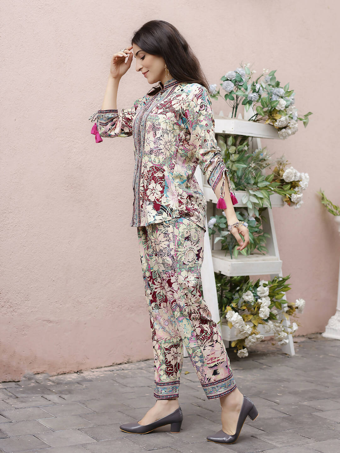 Cream Rayon Floral Printed Top with Matching Bottom - Eesha