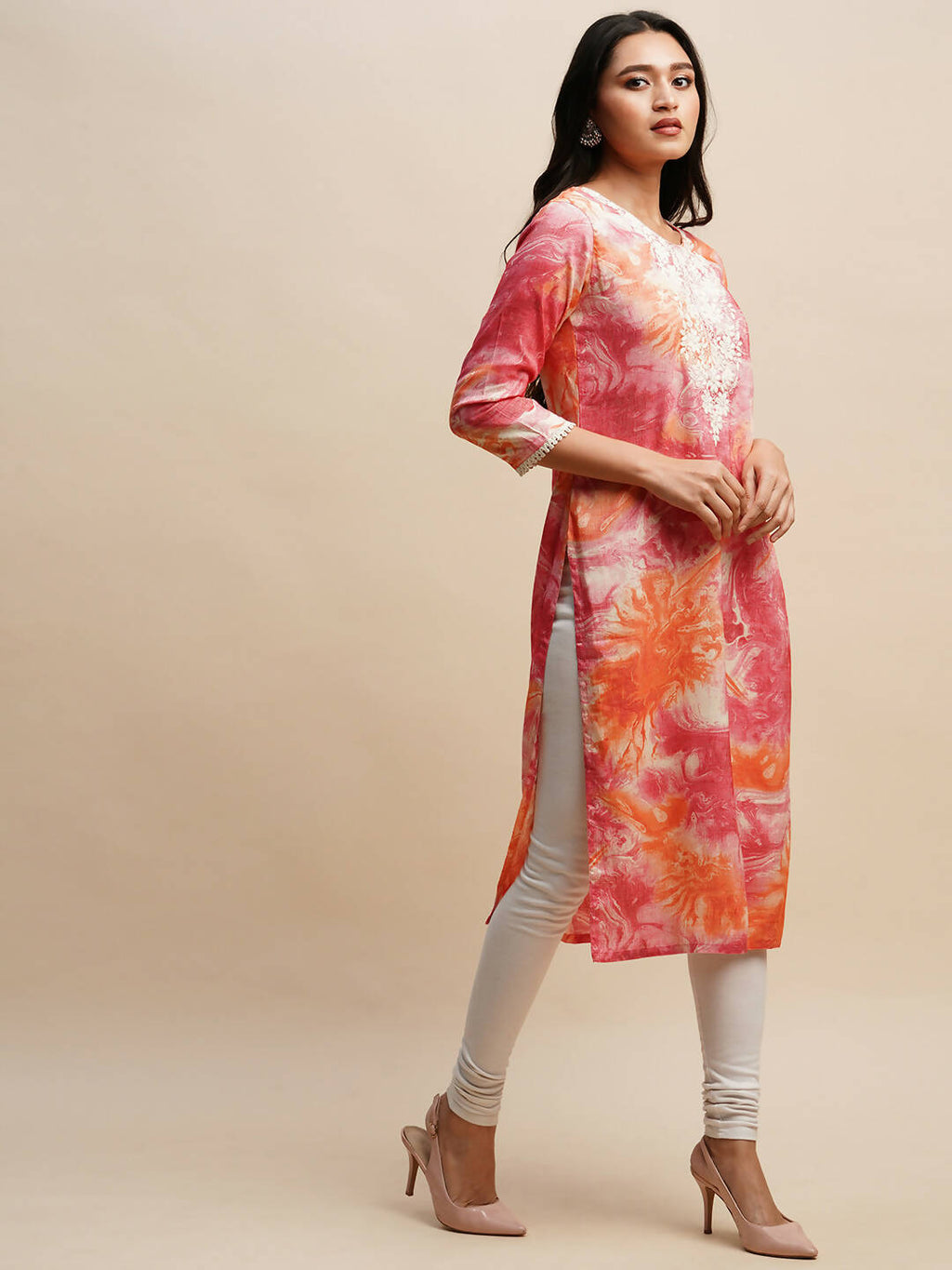 Pink Poly Rayon Tie dye Printed Straight Kurta - Samira