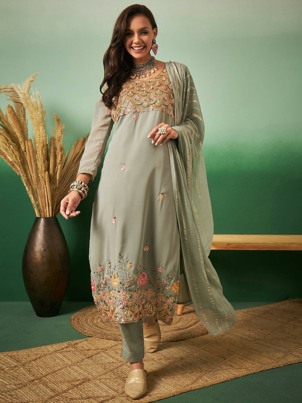 Light Green Georgette Handwork Unstitched Dress Material - Hanika