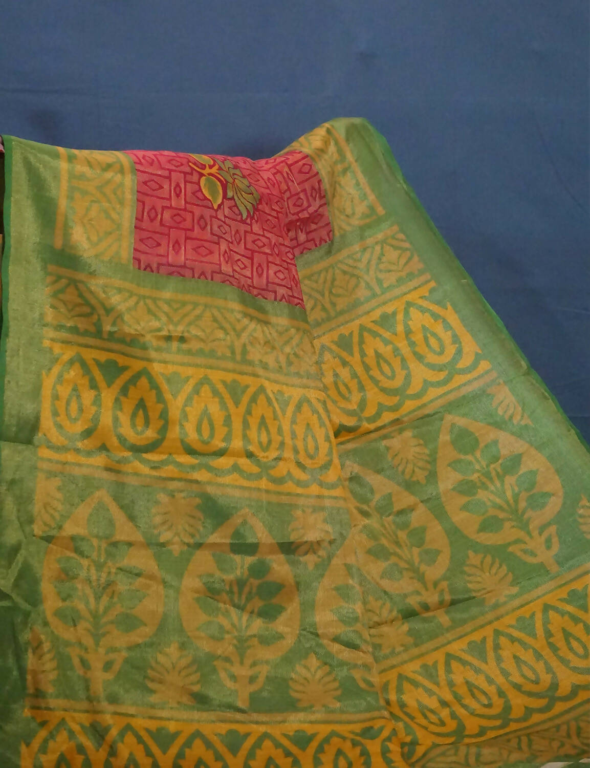 Tomato Pink And Light Green Cotton Brasson Saree For Office/Regular Wear By Gayathri Reddy Designer Studio