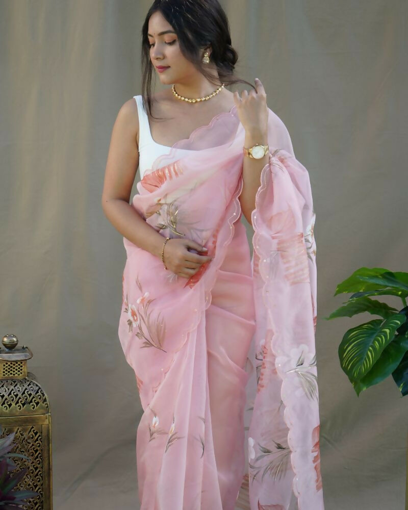 Vamsee Menka Peach Organza Saree