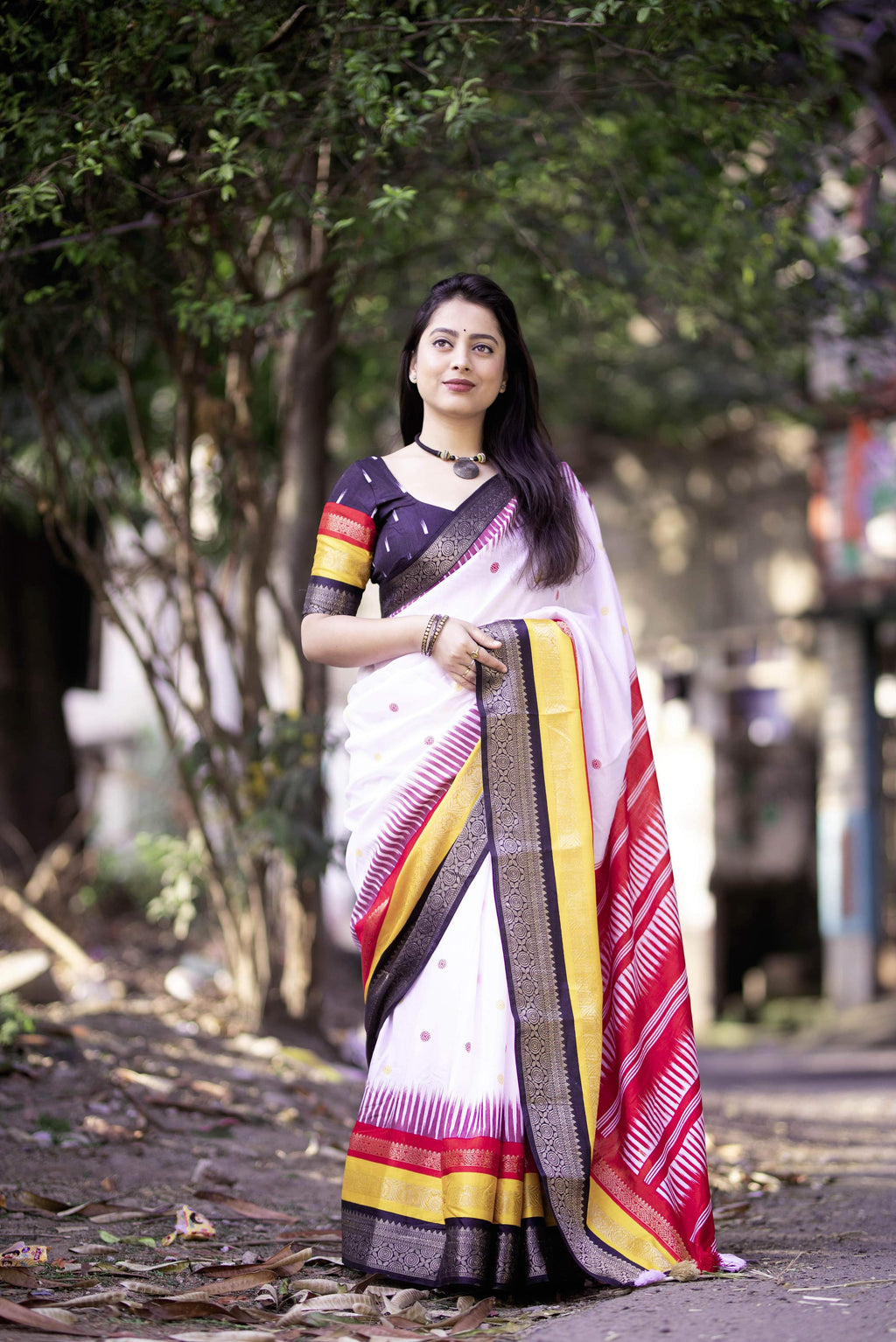 White Cotton Crepe Printed Saree with Unstitched Blouse - Hiral Fashion