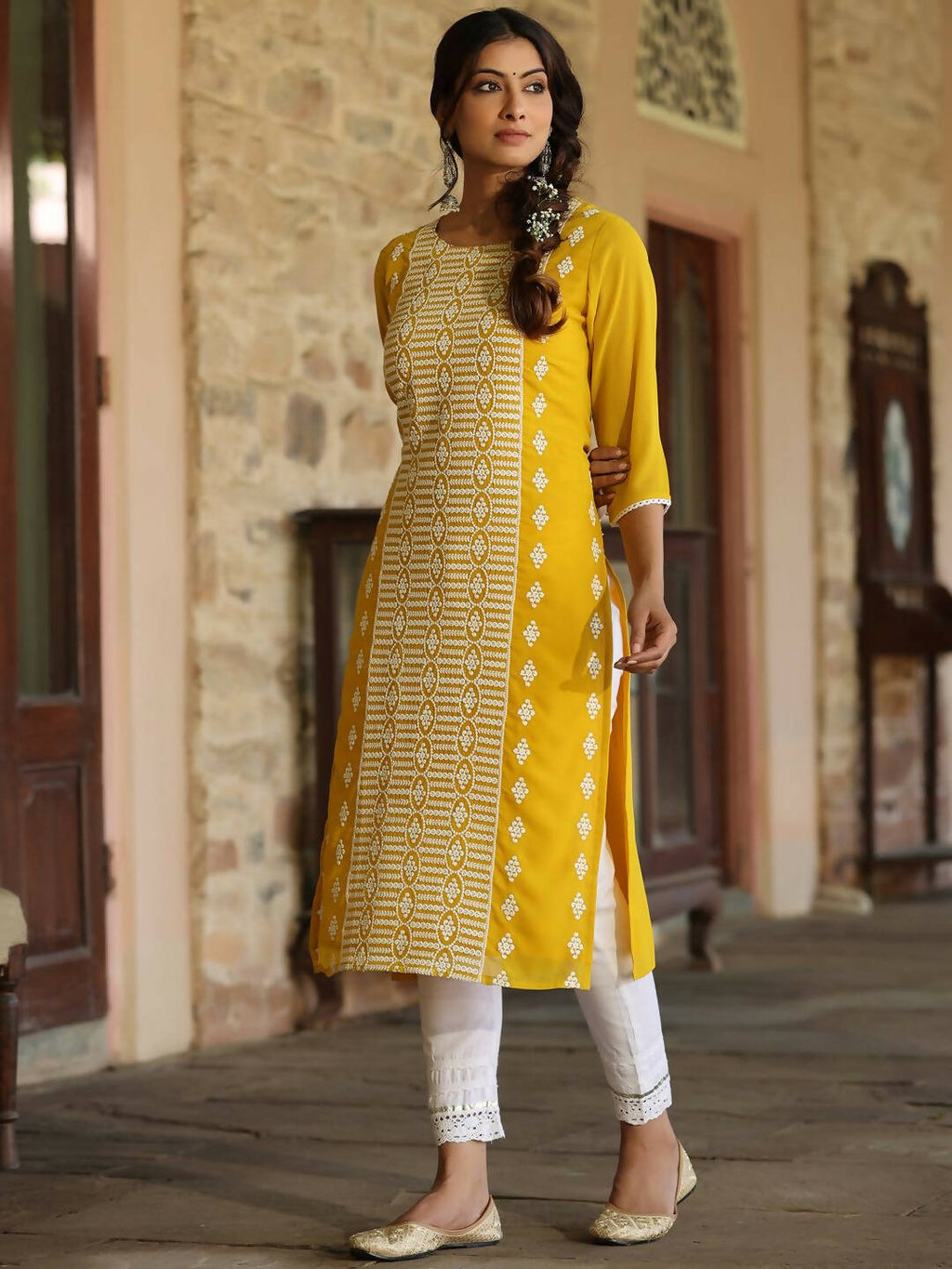 Juniper Women's Yellow Georgette Printed Kurta