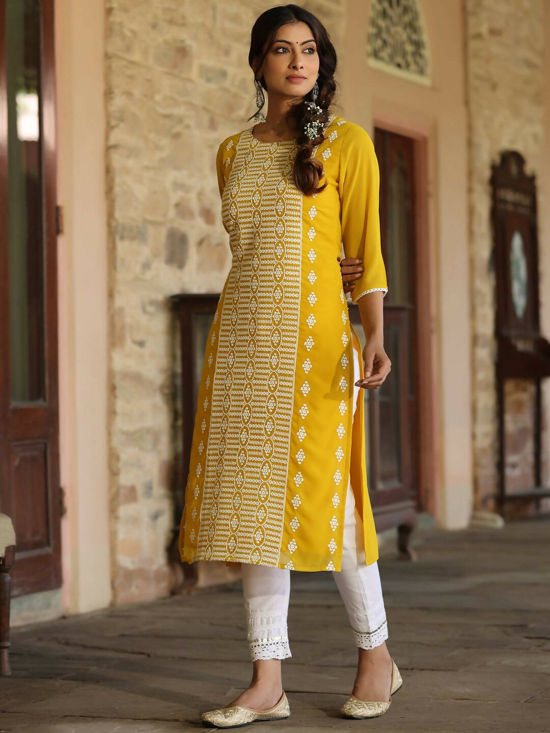 Juniper Women's Yellow Georgette Printed Kurta