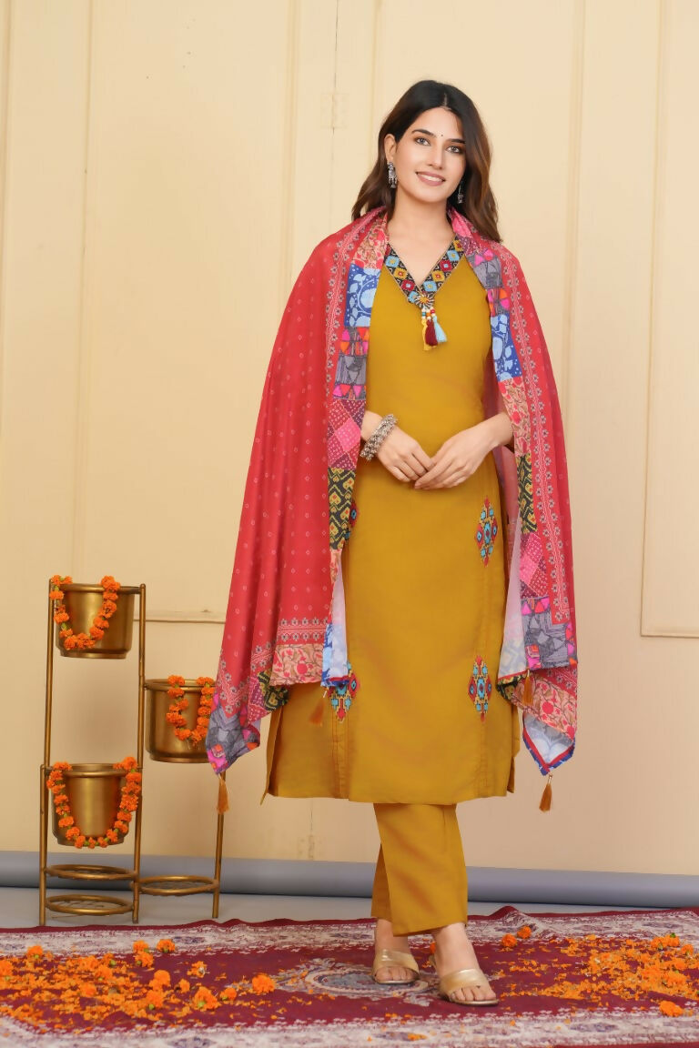 Mustered Viscose Chanderi Embroidered Stitched Suit With Dupatta - Tanisha