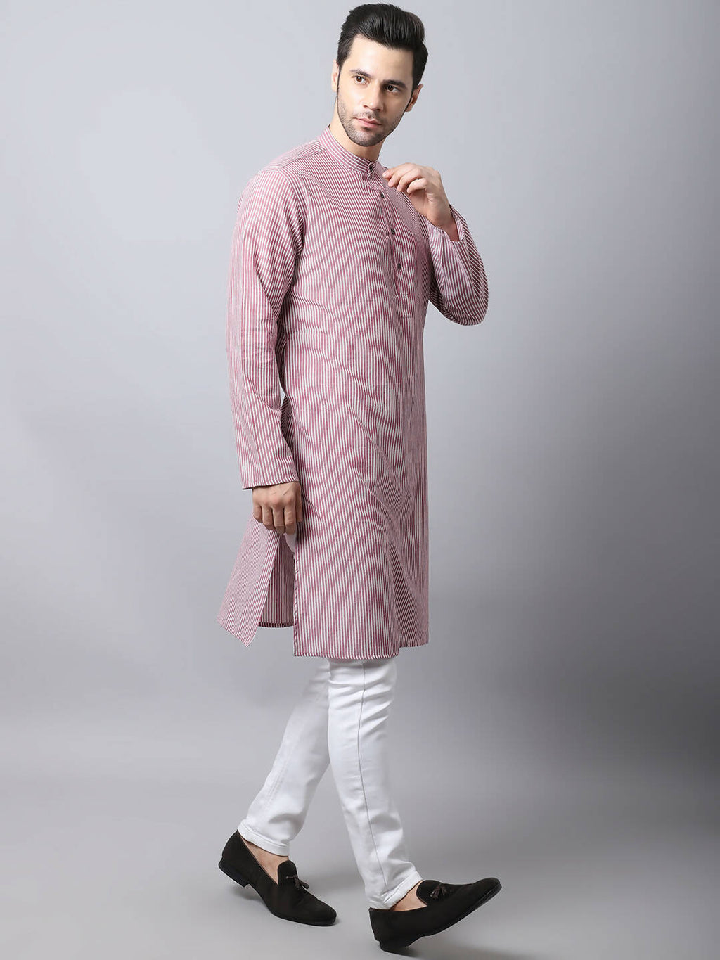 Even Apparels Red Pure Cotton Men's Kurta With Band Collar