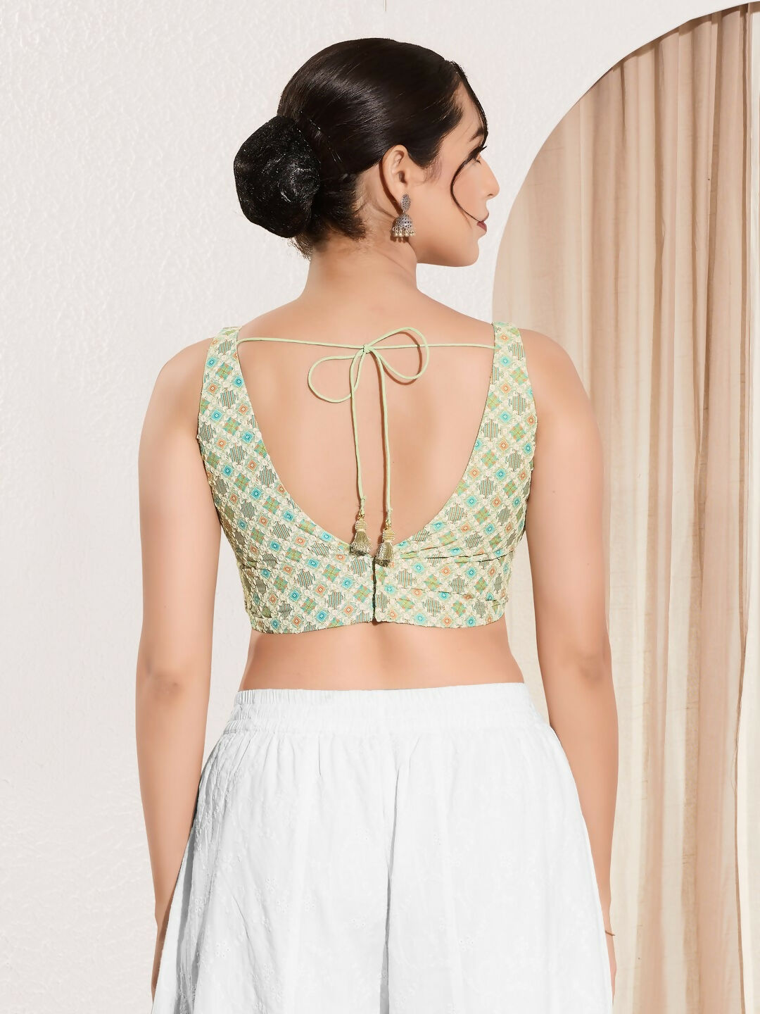 Joban Fashion Pista Green Jacquard Padded Blouse With V Neck Sleeveless