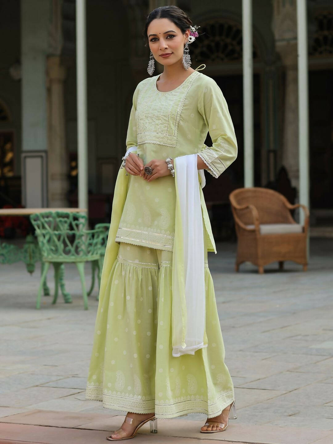 Juniper Women's Lime Green Cambric Floral Print Kurta Sharara Sets