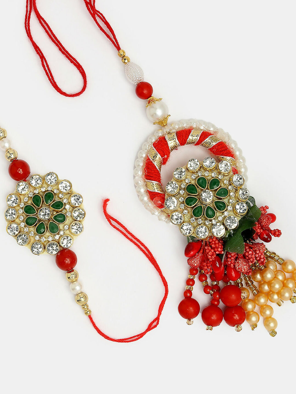 NVR Women & Men Set of 2 Red & Gold Toned Stone-Studded & Beaded Bhaiya Bhabhi Rakhi With Roli Chawal & Chocolate