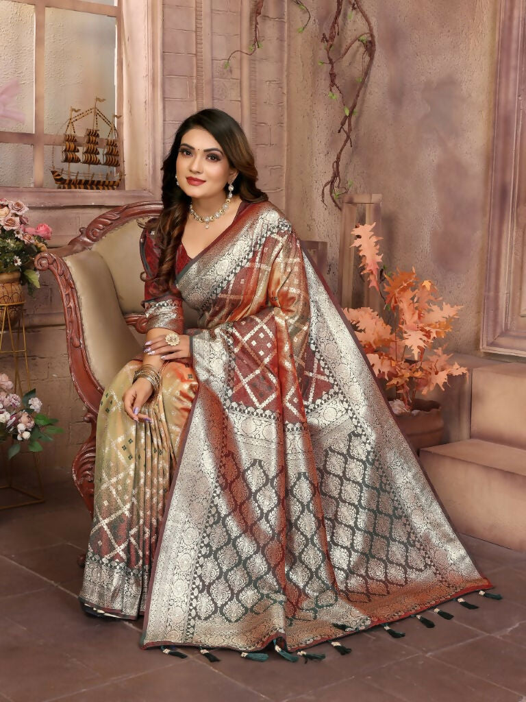 Anaita Brown kochi Silk With Beautiful Checks Weaving Saree With Blouse
