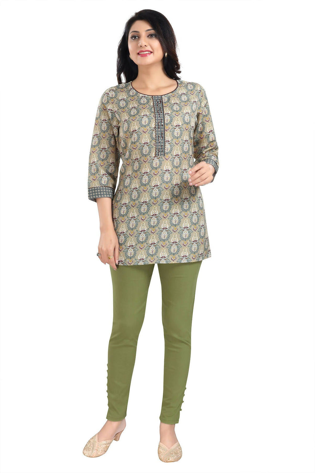 Snehal Creations Pretty Pastle Variyali Green Rayon Short Kurti Tunic Top