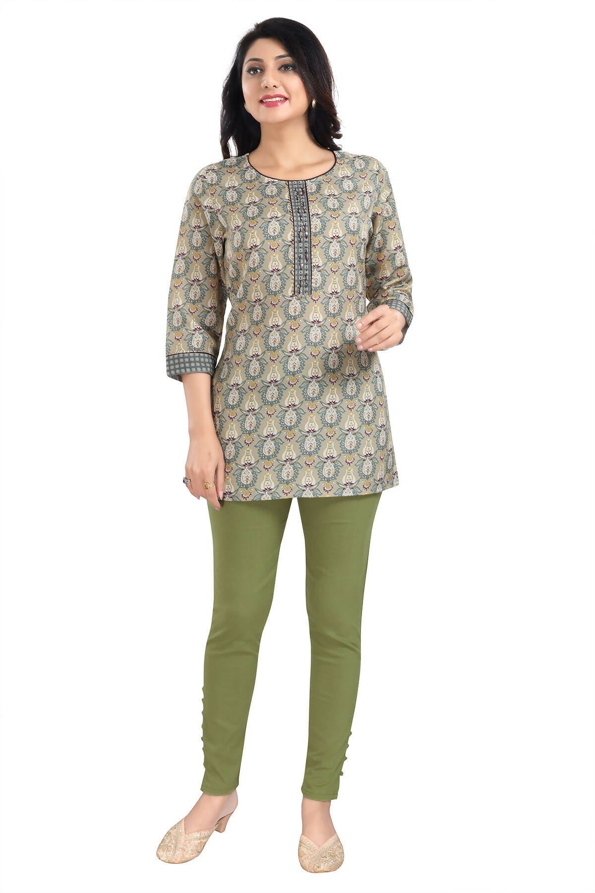 Snehal Creations Pretty Pastle Variyali Green Rayon Short Kurti Tunic Top