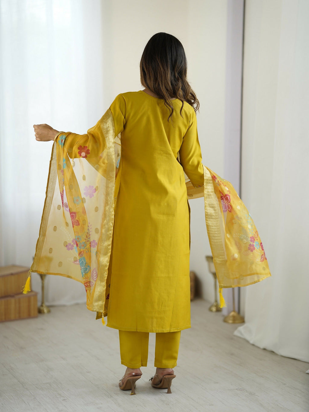 The52 Yellow Women's Gorgeous Embroidered work Viscose Gadhwal Fabric Straight Kurta, Pant and Dupatta Set