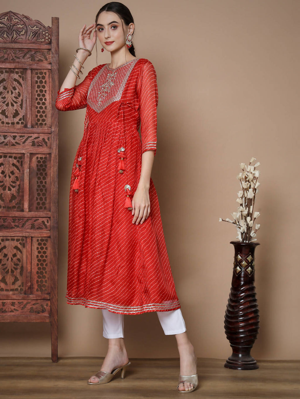 Myshka Women's Red Anarkali Kurta & With Dupatta