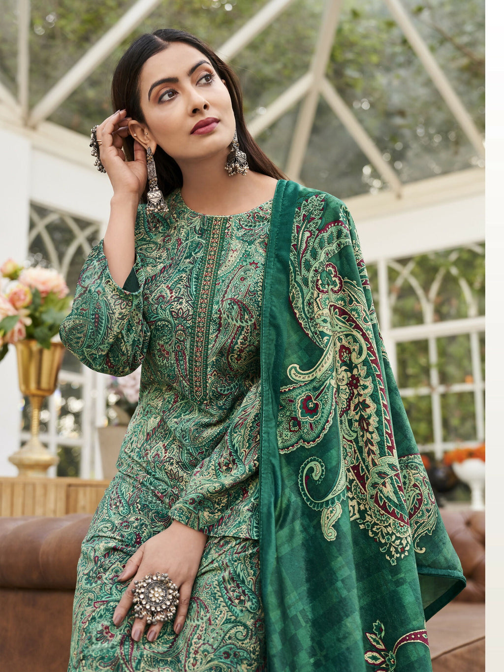 Jyoti Fashion Women's Green Velvet Digital Print with Resham Thread work Kurta with Trouser & Dupatta