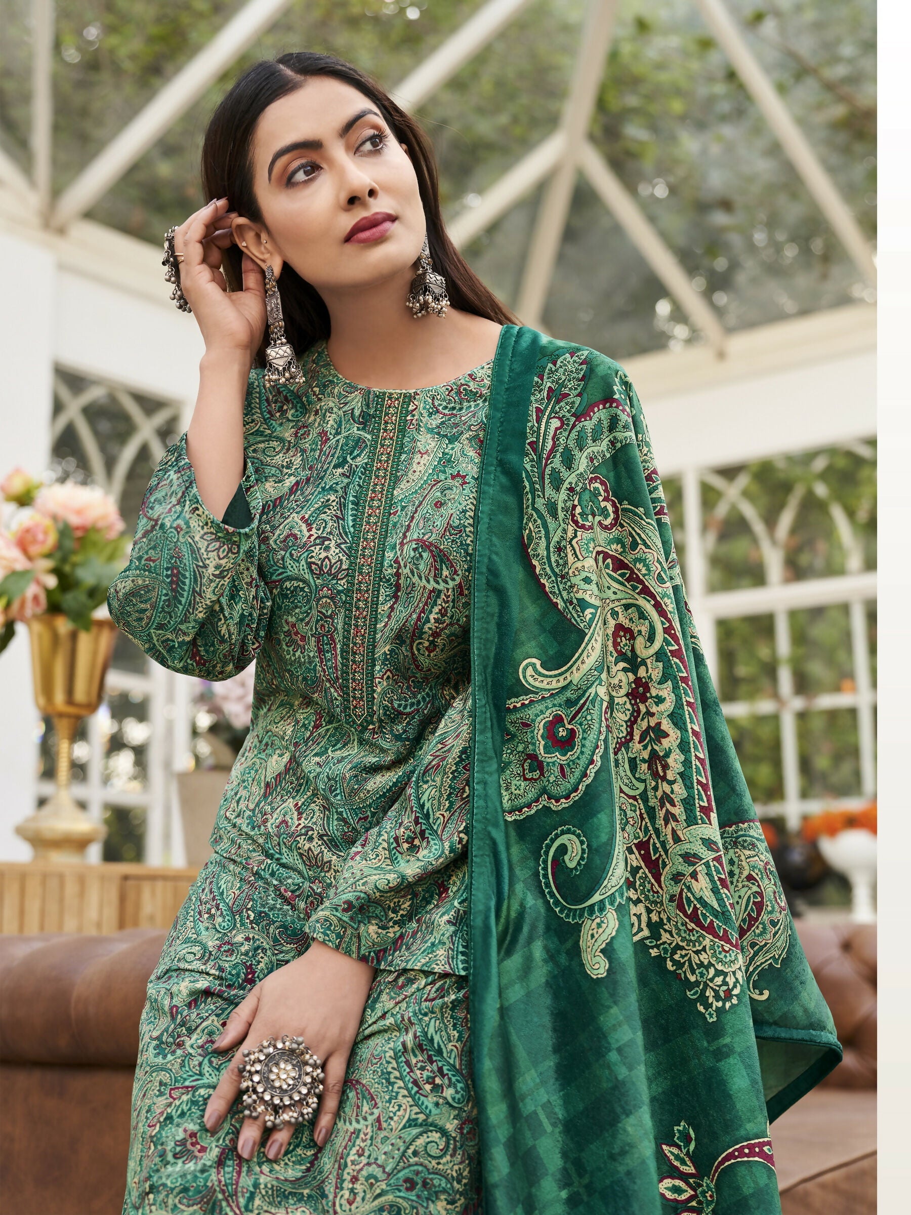 Jyoti Fashion Women's Green Velvet Digital Print with Resham Thread work Kurta with Trouser & Dupatta