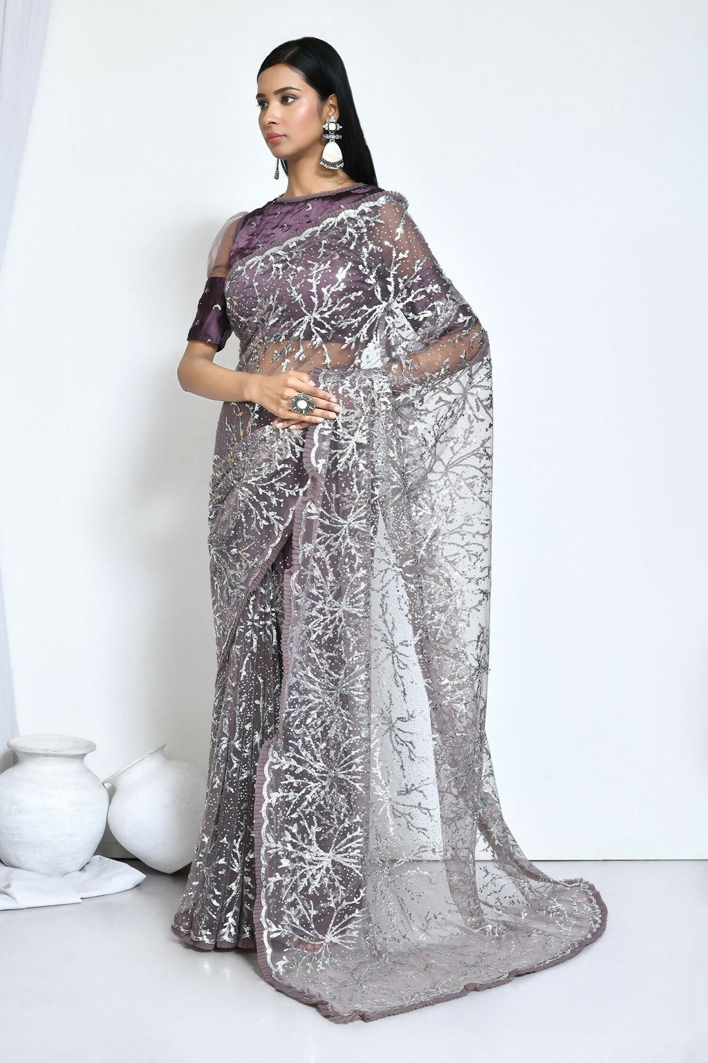 Brown Net Sequence Embroidered Festive Saree - Nimaya Denzy