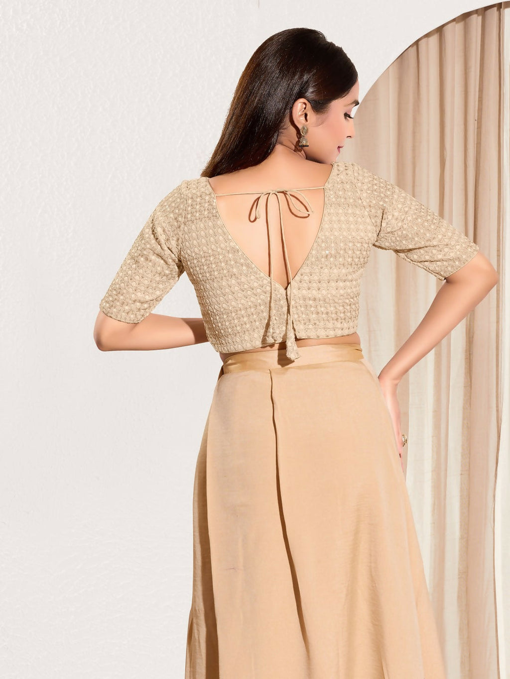 Joban Fashion Gold Crochet Padded Blouse With V Neck Elbow Sleeves