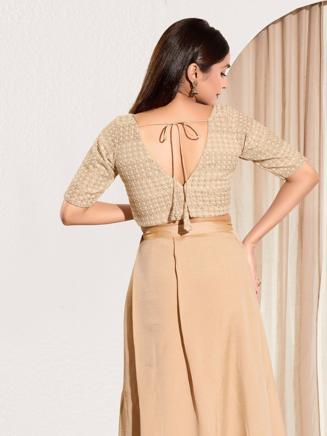 Joban Fashion Gold Crochet Padded Blouse With V Neck Elbow Sleeves