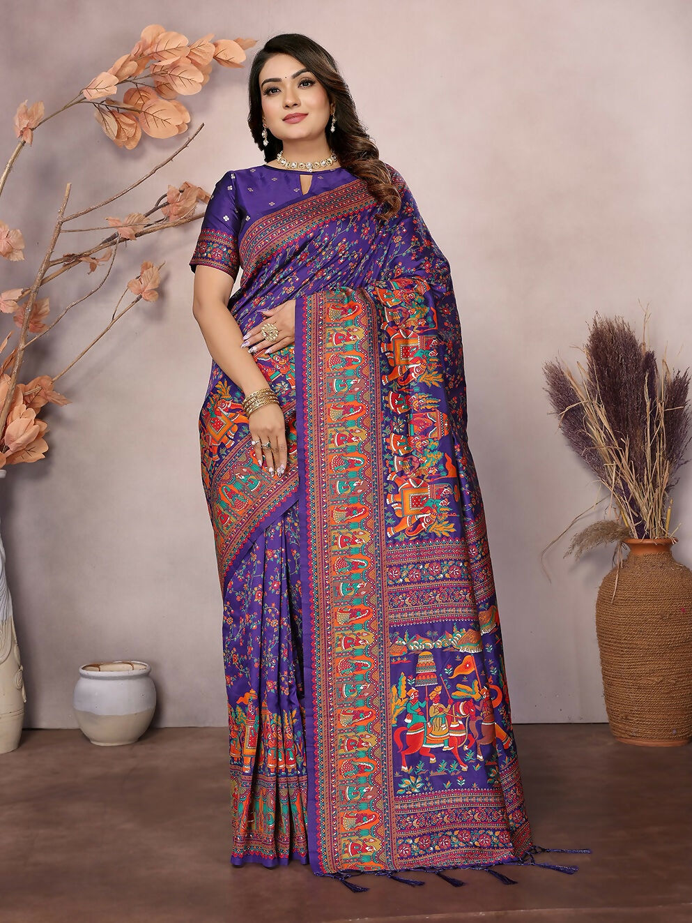 Joban Fashion Purple Meena Weaves Pashmina Sarees