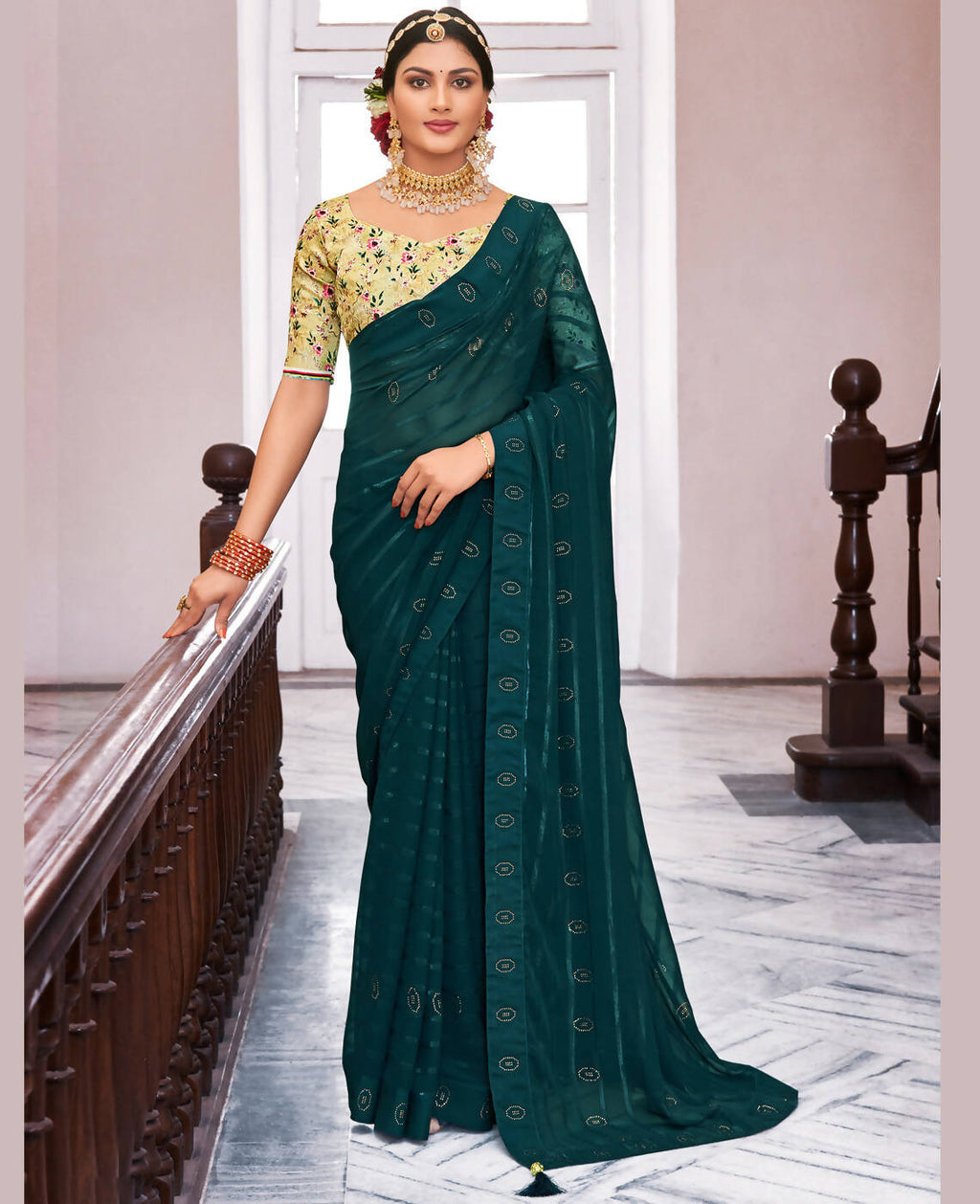 Teal Georgette Swaroski Work Saree With Unstitched Blouse Piece - Juhi