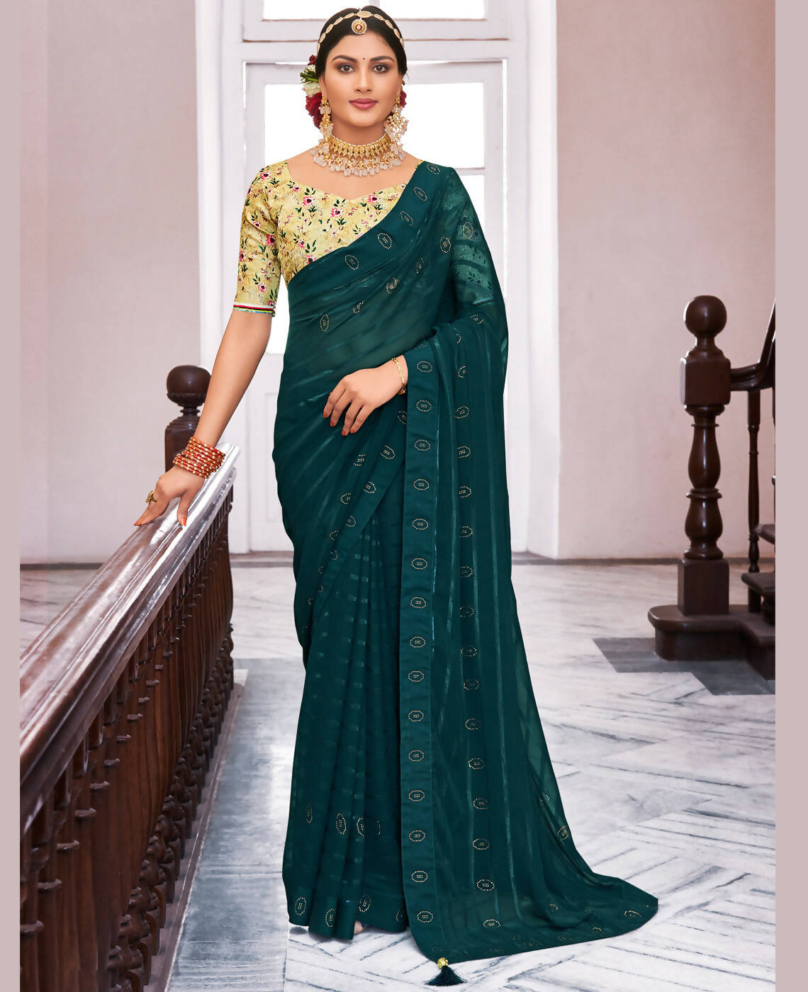 Teal Georgette Swaroski Work Saree With Unstitched Blouse Piece - Juhi