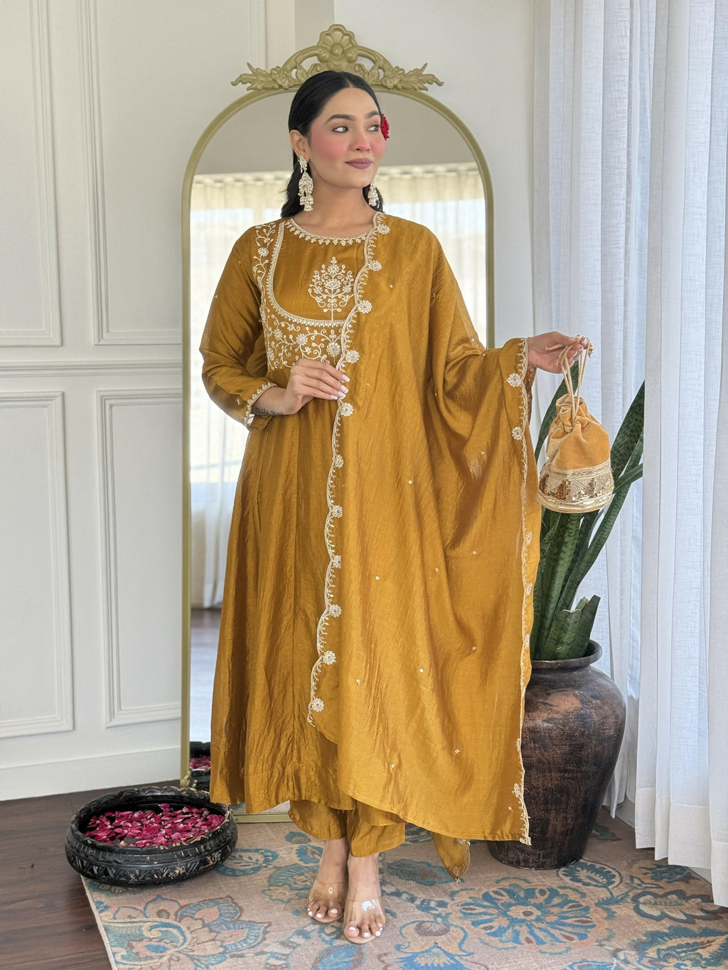 The52 Mustard Women's Gorgeous Embroidered Vichitra Silk Fabric Flared Kurta Pant with Dupatta Set
