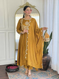 The52 Mustard Women's Gorgeous Embroidered Vichitra Silk Fabric Flared Kurta Pant with Dupatta Set
