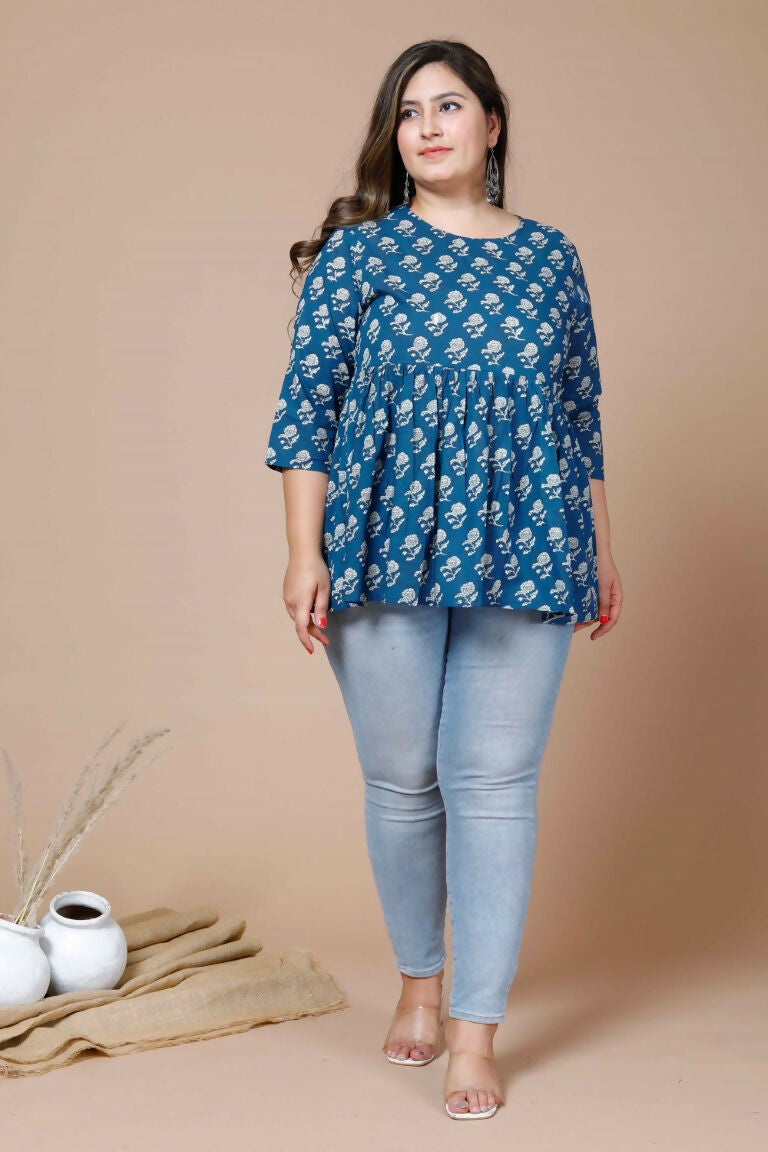 Miravan Women's Blue Plus Size Cotton Floral Printed Short Kurti