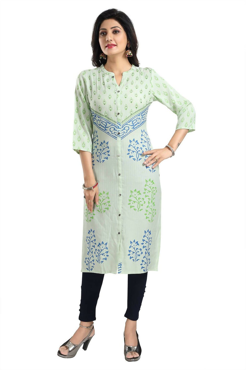 Snehal Creations Green Rayon Textured Print Long Kurta For Women