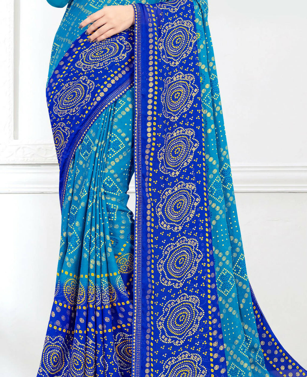 Sky Blue Georgette Bandhani Printed Saree With Unstitched Blouse Piece - Jyoti