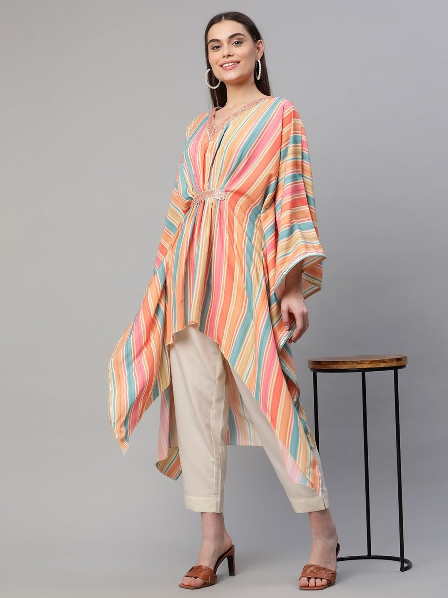 Ahalyaa Women Multi Color Crepe Striped Printed Kaftan Kurta With Trousers