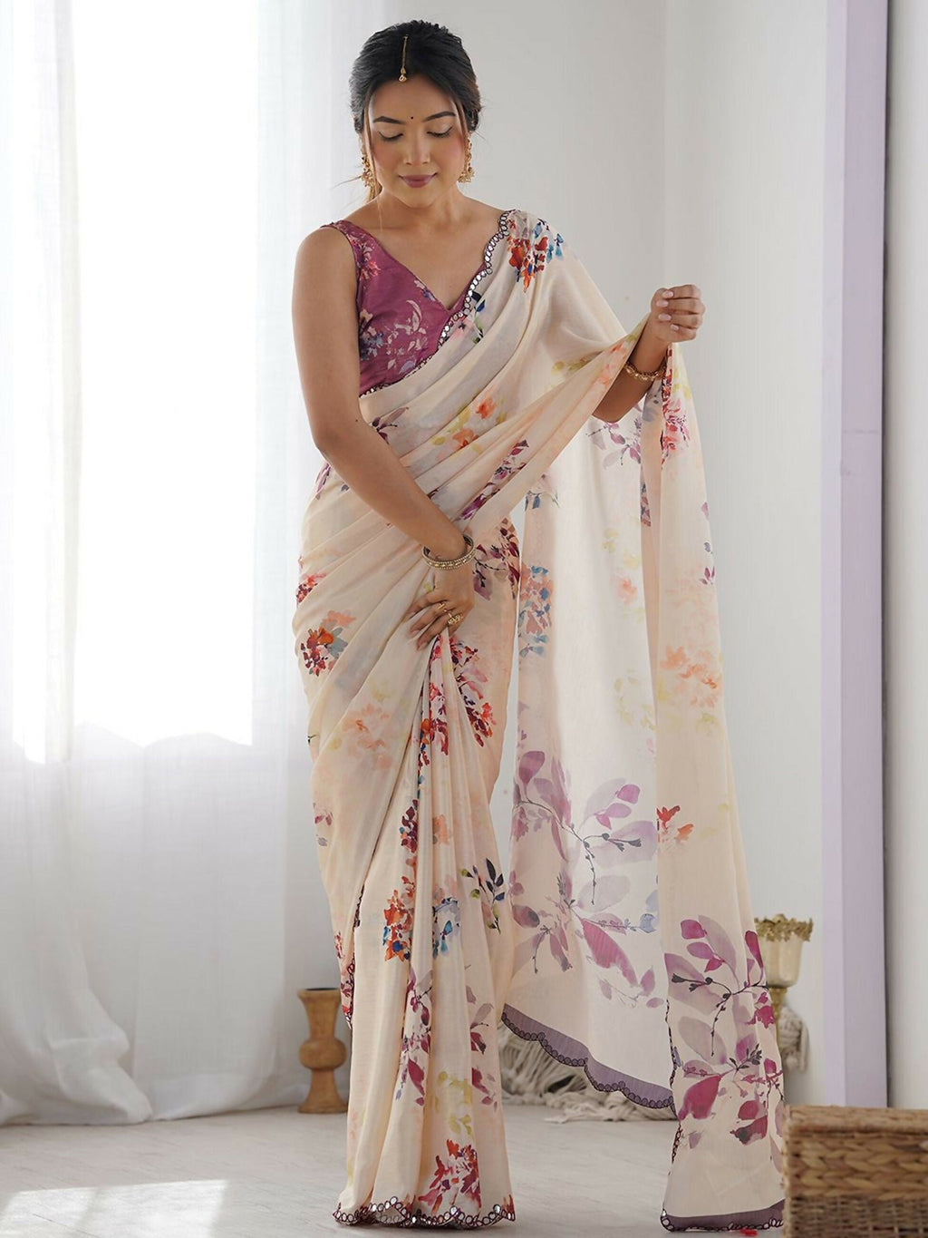 Designer Partywear Georgette Cream Fancy Saree-Druga