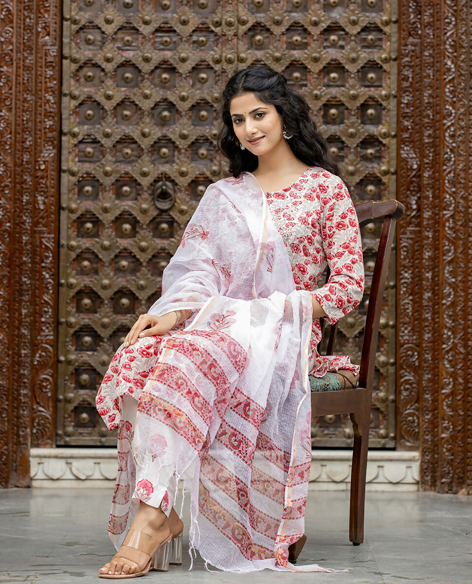 Kaajh Women's Pink Floral Cotton Handblock Salwar Suit Set