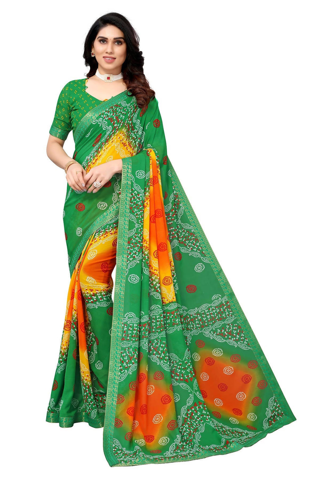 Vamika Beautiful Ethnic Fire Green Printed With Lace Saree