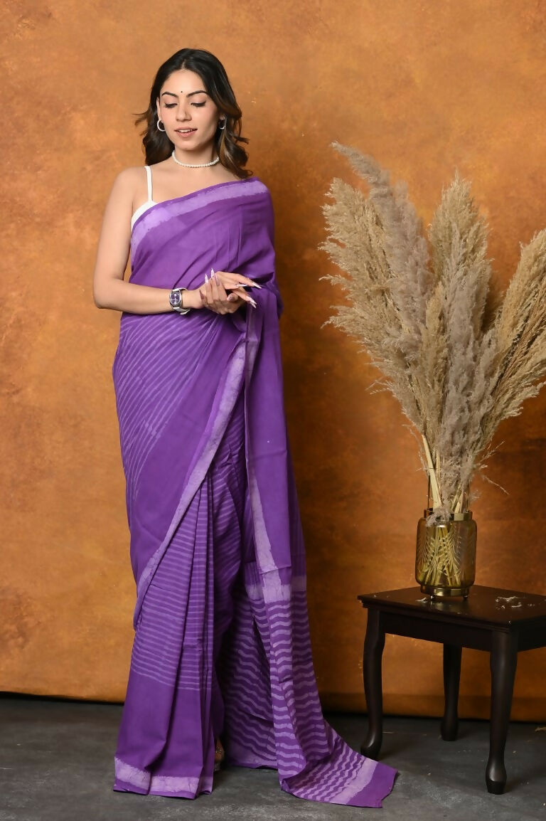 Very Much Indian Pure Cotton Handblock Printed Saree With Natural Dyes - Purple