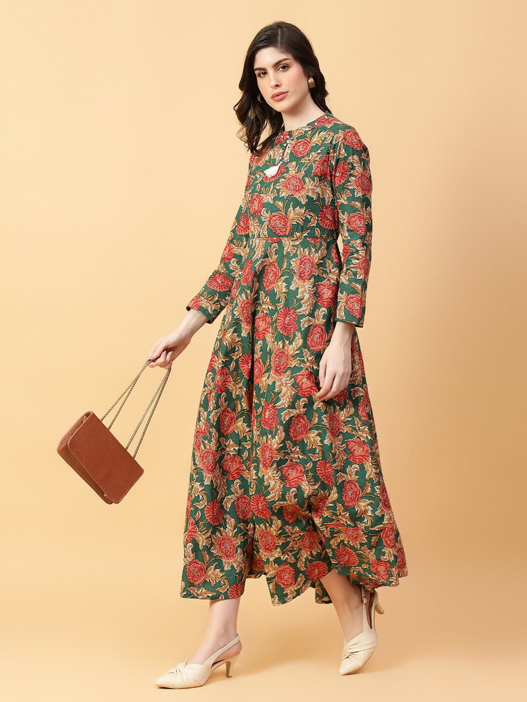 Joban Fashion Green Cotton Printed & Hand Work Dress