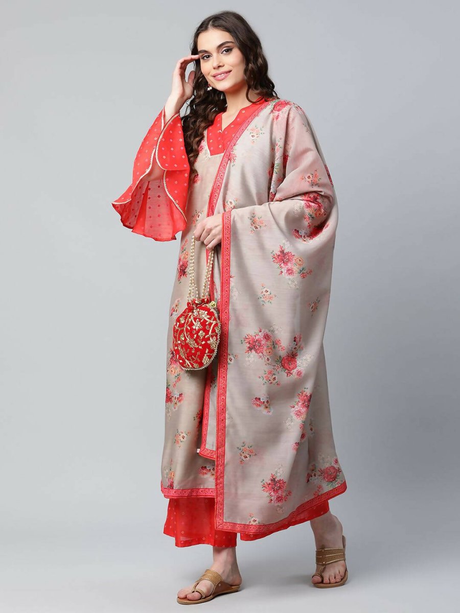 Ahalyaa Womens Chiku Chanderi Printed Kurta Palazzo Set