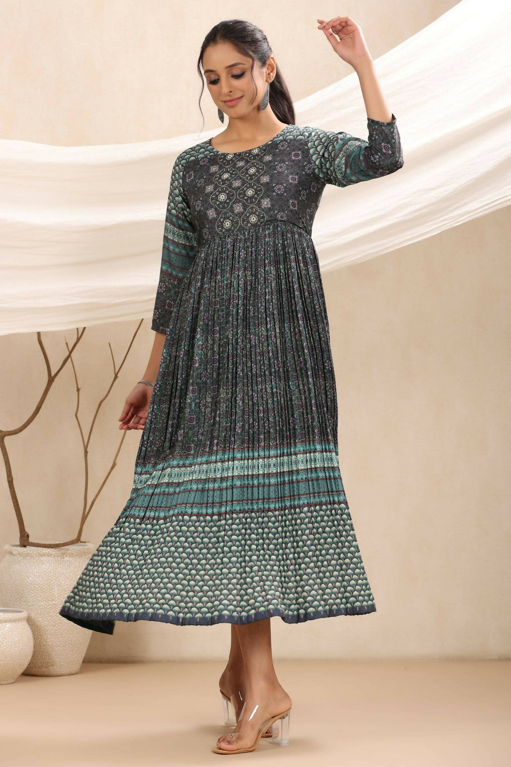 Juniper Bottle Green Muslin Festive Printed Flared Dress For Women