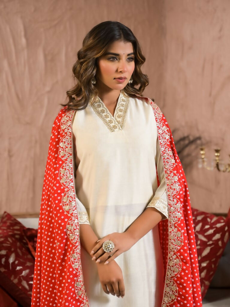 Ethnic Festive Wear Reyon Slub Off White Stitched Suit With Dupatta - Tanisha