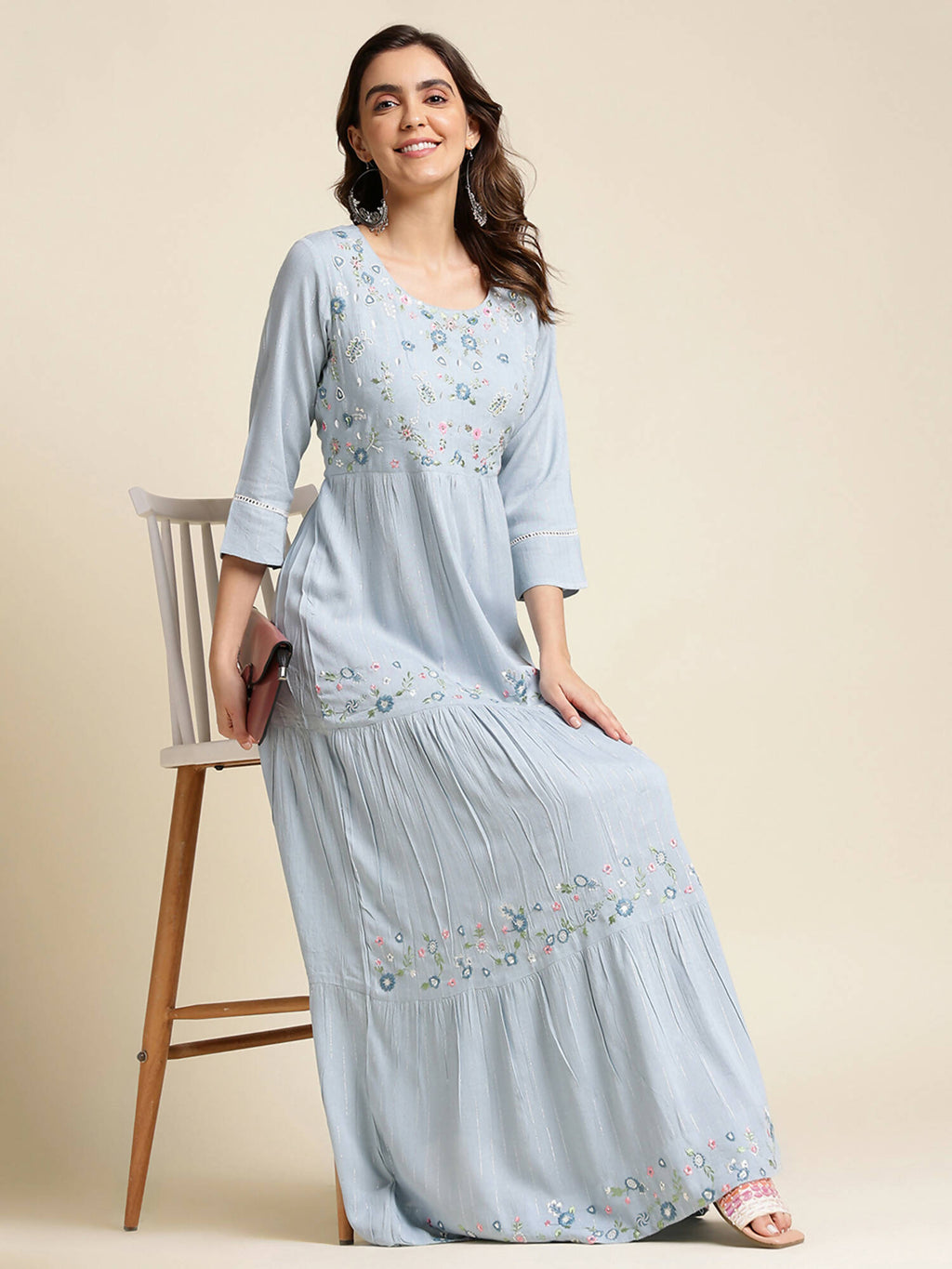 Sky Blue Chinon Floral Embroidered Dress - Nandani