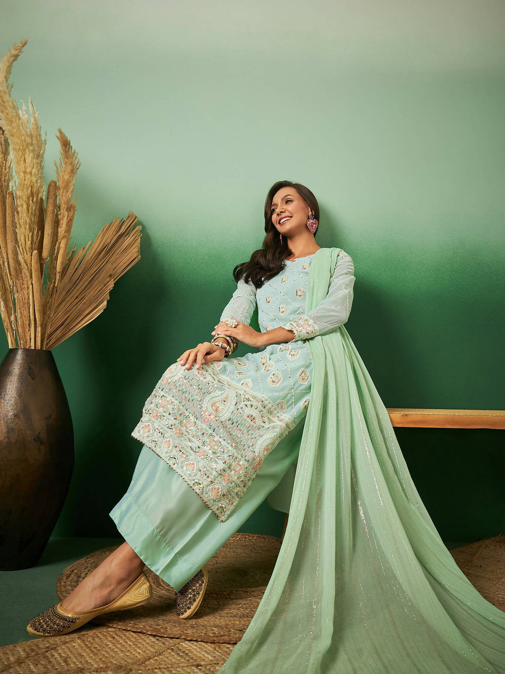 Sea Green Georgette Handwork Unstitched Dress Material - Hanika