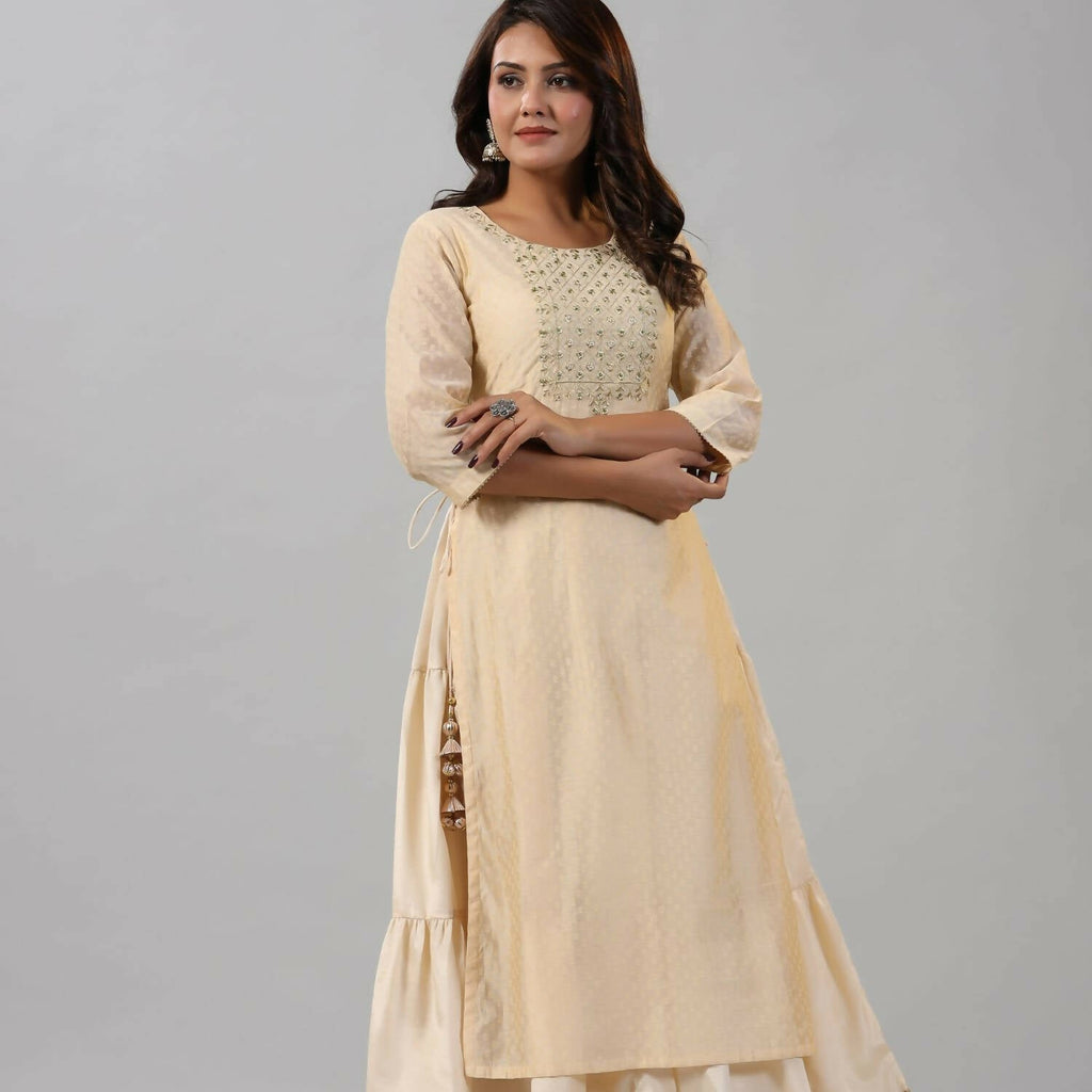 Juniper Women Gold Chanderi Printed Layered Maxi Dress with Embroidered Yoke