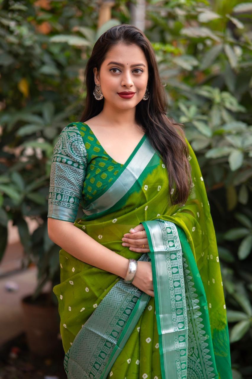 Green Jute Silk Ethnic Motifs Saree with Unstitched Blouse - Hiral Fashion