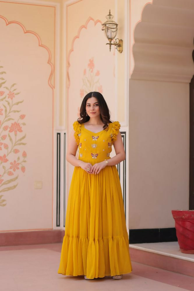 Vastranavya Yellow Faux Blooming With Sequins Multithreaded Beads Embroidered work Gown