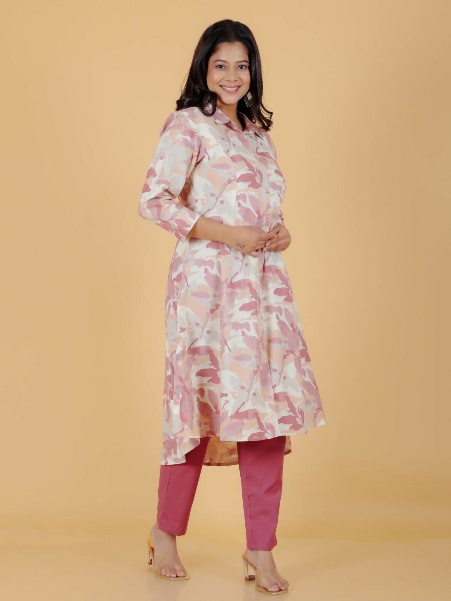 Aramya Pink Linen Cotton Foliage Print High Low Kurta Set for Women