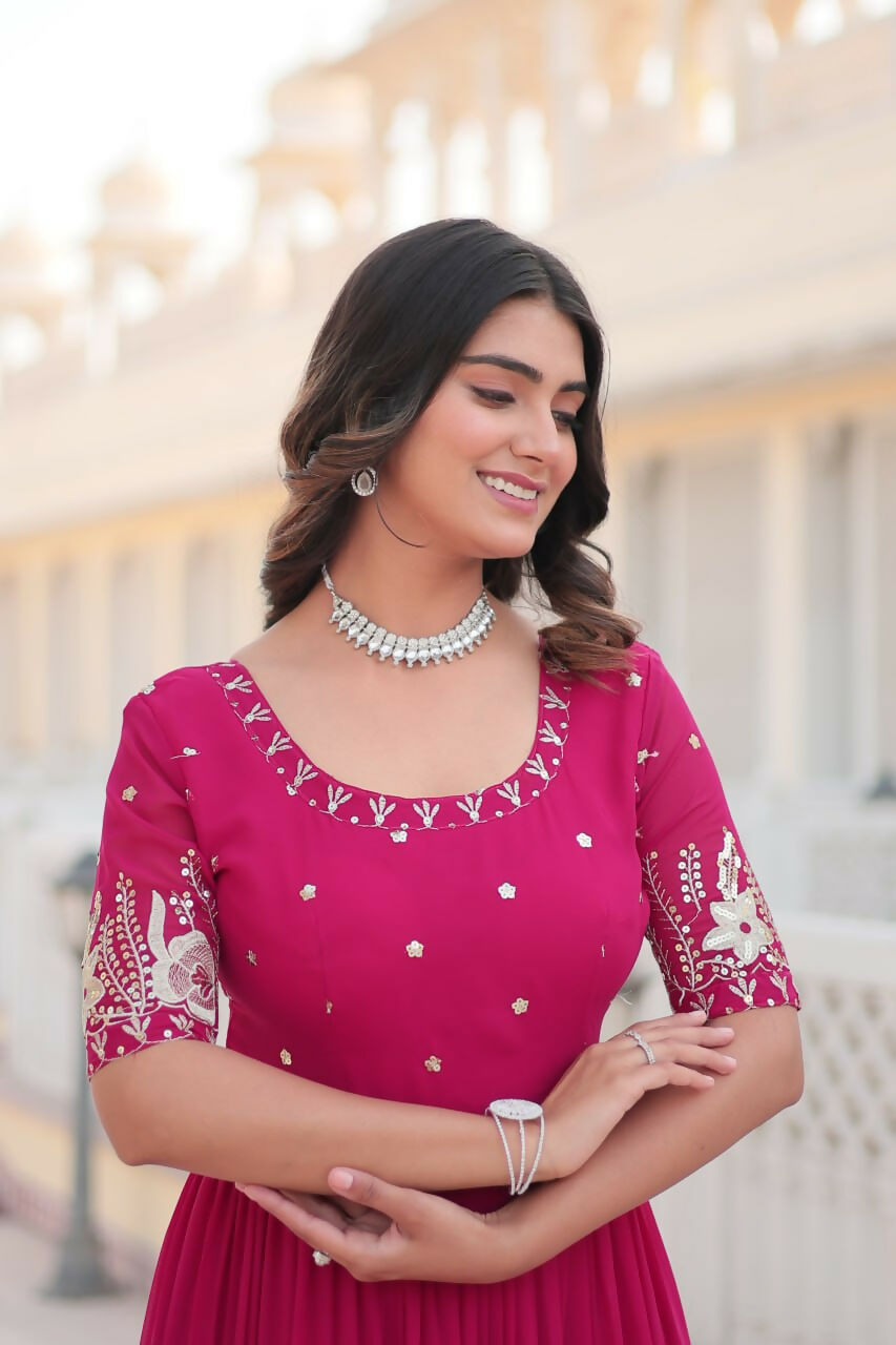 Vastranavya Premium Designer Faux Blooming with Embroidery Zari Sequins work Gown - Pink